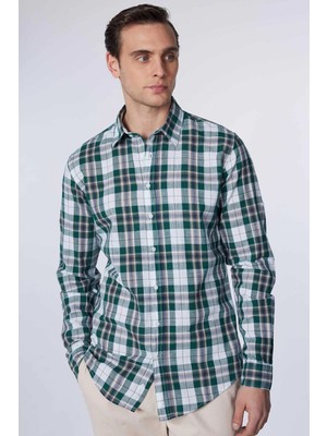 Tudors Erkek Slim Fit Dar Kesim Uzun Kollu %100 Pamuk Keten Doku Kareli Gömlek