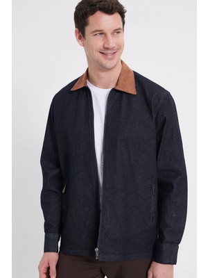 Tudors Erkek Regular Fit Rahat Kesim Kadife Yaka Fermuarlı Denim Lacivert Ceket Gömlek