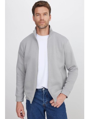 Tudors Unisex Relax Fit Rahat Kesim Pamuklu 3 İplik İçi Polarlı Fermuarlı Cepli Gri Sweatshirt Hırka