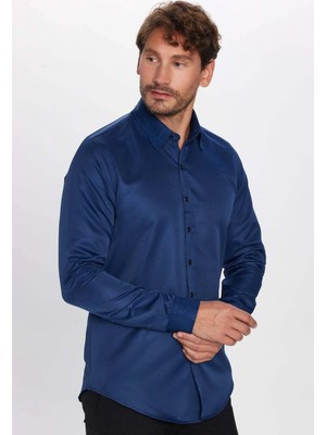 Slim Fit Uzun Kollu Kolay Ütü Teri Emen Nefes Alan Doku Kravatlık Dört Mevsim Lacivert Erkek Gömlek