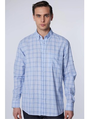 Tudors Erkek Regular Fit Klasik Kesim Oversize %100 Pamuk Keten Doku Tek Cep Kareli Düğmeli Yaka Gömlek