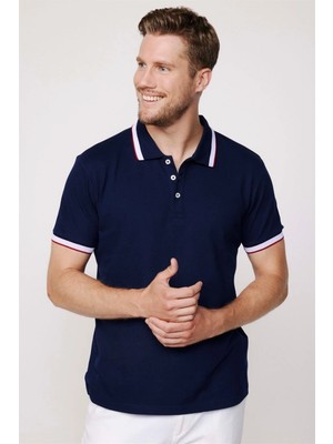 Tudors Erkek Slim Fit Dar Kesim %100 Pamuk Düz Pike Kol Şeritli Lacivert Polo Yaka Tişört