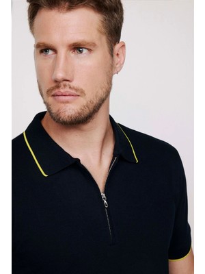 Tudors Erkek Slim Fit Dar Kesim %100 Pamuk Düz Pike Fermuarlı Lacivert Polo Yaka Tişört