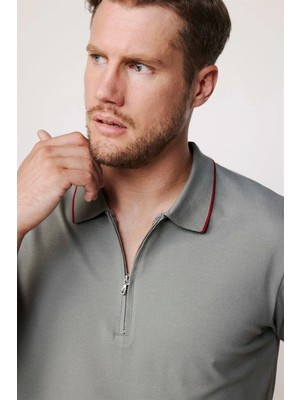 Tudors Erkek Slim Fit Dar Kesim %100 Pamuk Düz Pike Fermuarlı Gri Polo Yaka Tişört