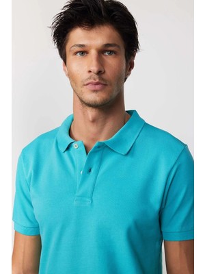 Tudors Erkek Slim Fit Dar Kesim %100 Pamuk Düz Pike Yeşil Polo Yaka Tişört