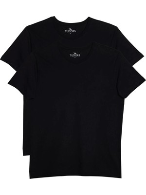 Tudors Unisex 2'li Paket Siyah Slim Fit Dar Kesim %100 Pamuk Bisiklet Yaka Tişört