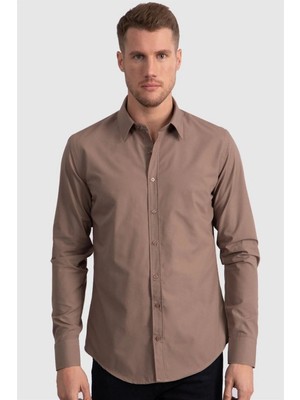 Tudors Erkek Slim Fit Dar Kesim Pamuklu Terry Cotton Kumaş Kolay Ütü Kahverengi Gömlek