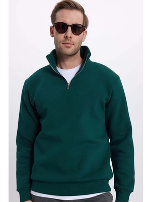 Unisex Relax Fit Rahat Kesim Pamuklu İçi Polarlı Yarım Fermuarlı Haki Dik Yaka Sweatshirt