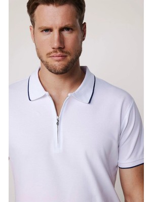 Tudors Erkek Slim Fit Dar Kesim %100 Pamuk Düz Pike Fermuarlı Beyaz Polo Yaka Tişört