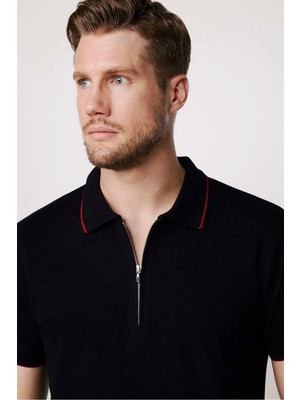 Tudors Erkek Slim Fit Dar Kesim %100 Pamuk Düz Pike Fermuarlı Siyah Polo Yaka Tişört