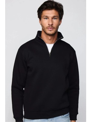 Unisex Relax Fit Rahat Kesim Pamuklu İçi Polarlı Yarım Fermuarlı Siyah Dik Yaka Sweatshirt