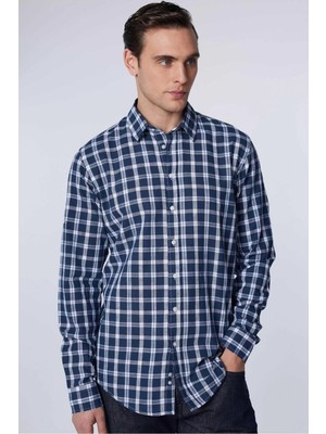 Tudors Erkek Slim Fit Dar Kesim Uzun Kollu %100 Pamuk Keten Doku Kareli Gömlek