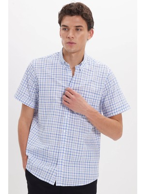Tudors Erkek Regular Fit Klasik Kesim Oversize %100 Pamuk Keten Doku Tek Cep Kareli Düğmeli Yaka Gömlek