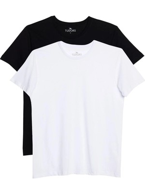 Tudors Unisex 2'li Paket Siyah-Beyaz Slim Fit Dar Kesim %100 Pamuk Bisiklet Yaka Tişört