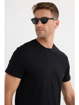 Tudors Erkek Slim Fit Dar Kesim Pamuklu Yumuşak Doku Likralı Esnek Kumaş Basic Siyah Bisiklet Yaka Tişört