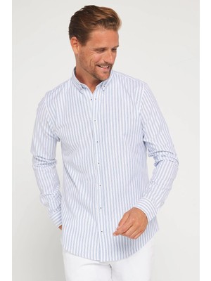 Tudors Slim Fit Uzun Kollu Düğmeli Yaka Çizgili Yumuşak Dokulu Pamuklu Erkek Gömlek