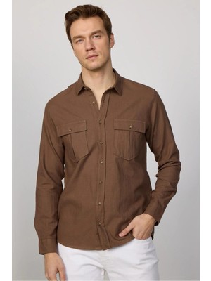 Tudors Erkek Regular Fit Klasik Kesim Oversize %100 Pamuk Keten Doku Çift Cep Kahverengi Gömlek