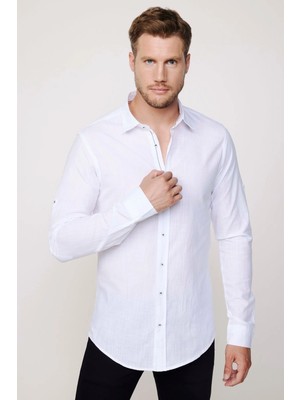 Tudors Erkek Slim Fit Dar Kesim Uzun Kollu %100 Pamuk Keten Doku Apoletli Beyaz Gömlek
