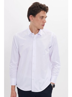 Tudors Slim Fit Uzun Kollu Kolay Ütü Teri Emen Nefes Alan Doku Kravatlık Dört Mevsim Beyaz Erkek Gömlek