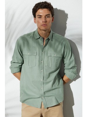 Tudors Erkek Regular Fit Klasik Kesim Oversize %100 Pamuk Keten Doku Çift Cep Yeşil Gömlek