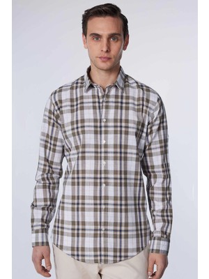 Tudors Erkek Slim Fit Dar Kesim Uzun Kollu %100 Pamuk Keten Doku Kareli Gömlek