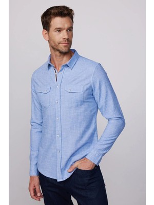 Tudors Erkek Slim Fit Dar Kesim Uzun Kollu %100 Pamuk Keten Doku Çift Cep Biyeli Mavi Gömlek