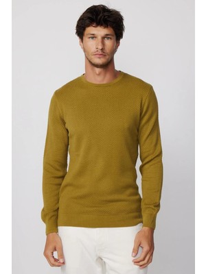 Tudors Erkek Slim Fit Dar Kesim Bisiklet Yaka Petek Desenli Yeşil Triko Kazak