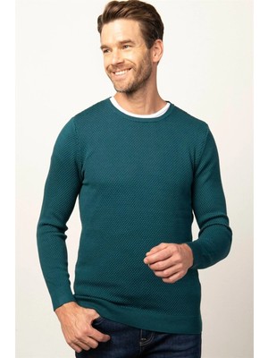 Tudors Erkek Slim Fit Dar Kesim Bisiklet Yaka Petek Desenli Yeşil Triko Kazak