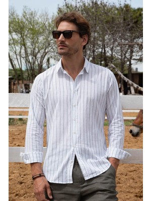 Tudors Erkek Slim Fit Dar Kesim Uzun Kollu %100 Pamuk Keten Doku Çizgili Gömlek