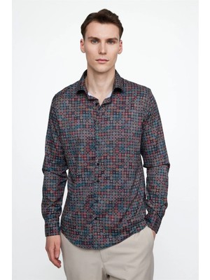 Tudors Slim Fit Dar Kesim Uzun Kol Likralı Baskılı Yüksek Yaka Erkek Gömlek