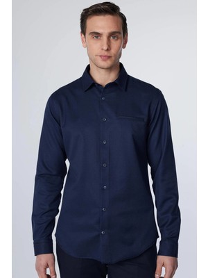 Tudors Slim Fit Uzun Kollu Dar Kesim Fleto Tek Cep Armürlü Pamuklu Lacivert Erkek Gömlek