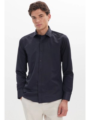 Tudors Erkek Modern Slim Fit Düz Saten Pamuklu Lacivert Gömlek