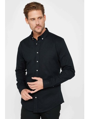 Tudors Erkek Slim Fit Dar Kesim Pamuklu Uzun Kollu Siyah Düğmeli Yaka Gömlek