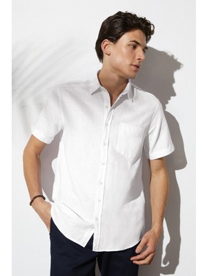 Tudors Erkek Regular Fit Klasik Kesim Oversize %100 Pamuk Keten Doku Cepli Beyaz Gömlek