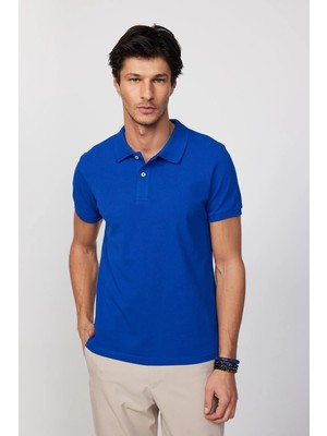 Tudors Erkek Slim Fit Dar Kesim %100 Pamuk Düz Pike Sax Mavi Polo Yaka Tişört