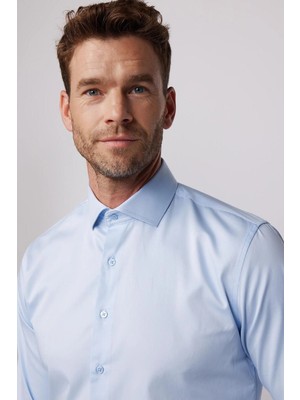 Tudors Slim Fit Uzun Kollu Koton Saten Premium Seri Erkek Mavi Gömlek