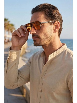 Tudors Erkek Slim Fit Dar Kesim Uzun Kollu %100 Pamuk Keten Doku Hakim Yaka Bej Gömlek