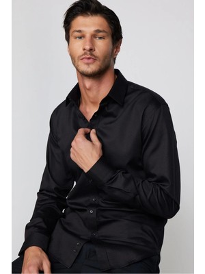 Tudors Modern Fit Uzun Kollu %100 Pamuk Armürlü Premium Siyah Erkek Gömlek
