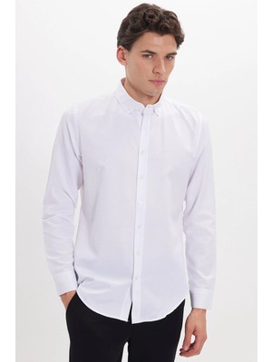 Tudors Erkek Slim Fit Dar Kesim Uzun Kollu Pamuklu Kolay Ütü Beyaz Düğmeli Yaka Gömlek