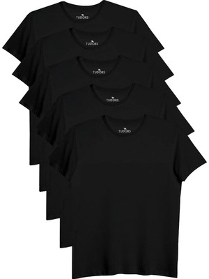 Tudors  5'li Paket Siyah Slim Fit Dar Kesim  Pamuk Bisiklet Yaka Tişört