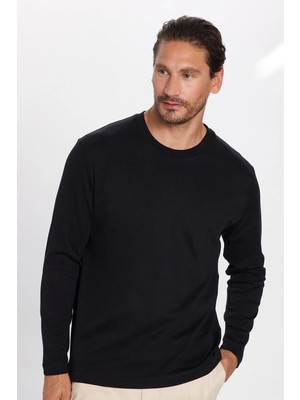 Tudors Unisex Relax Fit Rahat Kesim %100 Pamuk Uzun Kollu Bisiklet Yaka Siyah Basic Tişört