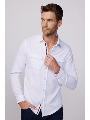 Tudors Erkek Slim Fit Dar Kesim Uzun Kollu %100 Pamuk Keten Doku Çift Cep Biyeli Beyaz Gömlek