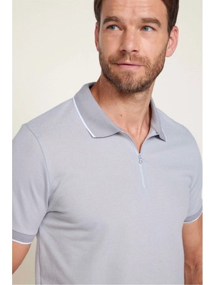 Tudors Erkek Slim Fit Dar Kesim Pamuklu Fermuarlı Gri Polo Yaka Tişört