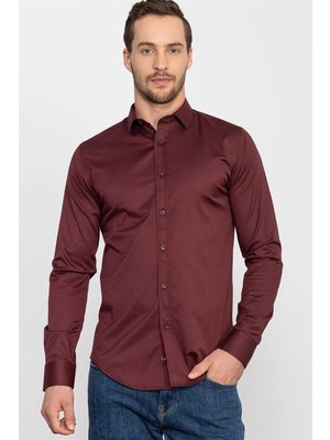Tudors Slim Fit Uzun Kollu Likralı Düz Pamuk Saten Erkek Bordo Gömlek