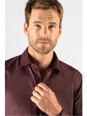 Tudors Erkek Modern Slim Fit Düz Saten Pamuklu Bordo Gömlek