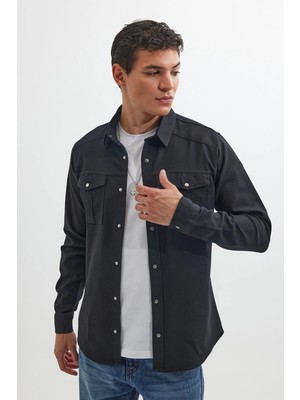 Tudors Slim Fit Uzun Kollu Spor Yaka Yıkamalı Çift Cepli Armürlü Denim Kot Siyah Erkek Gömlek