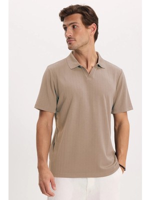 Tudors Erkek Slim Fit Dar Kesim Pamuklu Kısa Kollu Çizgili Vizon Polo V Yaka Tişört