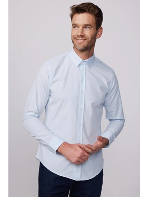 Tudors Erkek Slim Fit Dar Kesim Pamuklu Terry Cotton Kumaş Kolay Ütü Mavi Gömlek