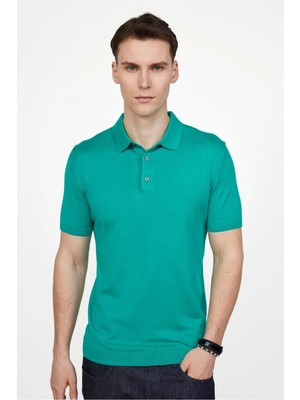 Tudors Erkek Slim Fit Dar Kesim Pamuklu Örme Triko Yeşil Polo Yaka Tişört