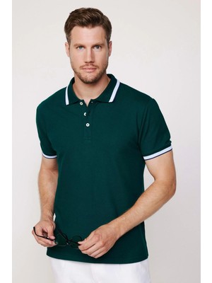 Tudors Erkek Slim Fit Dar Kesim %100 Pamuk Düz Pike Kol Şeritli Yeşil Polo Yaka Tişört